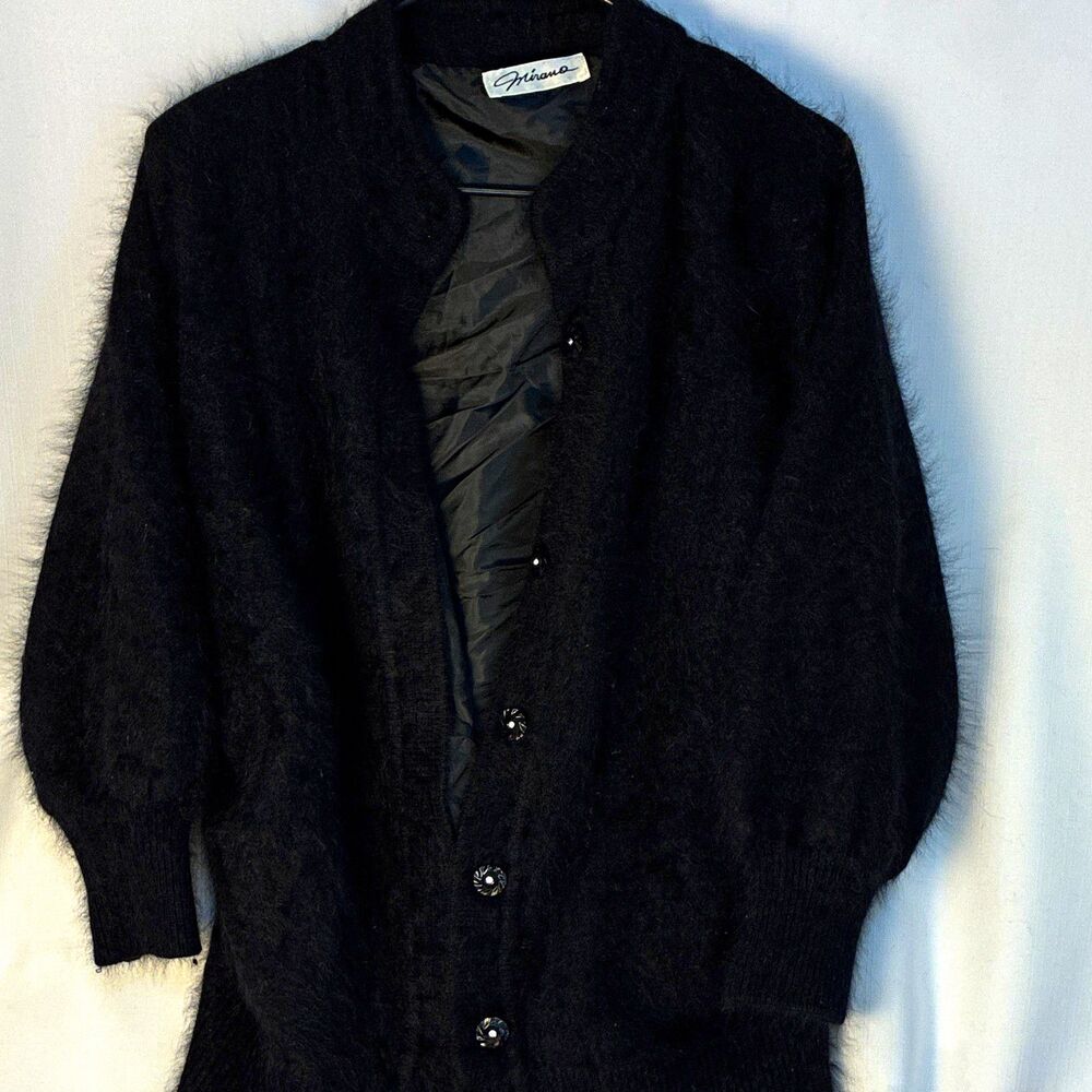 Mirano Womens Black Angora Fuzzy Knit Lined Button Front Long Jacket M/L
